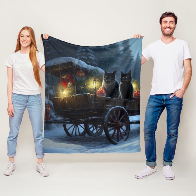 Black Cat Snowy Sleigh Ride Christmas Decor   Fleece Blanket (In Situ)