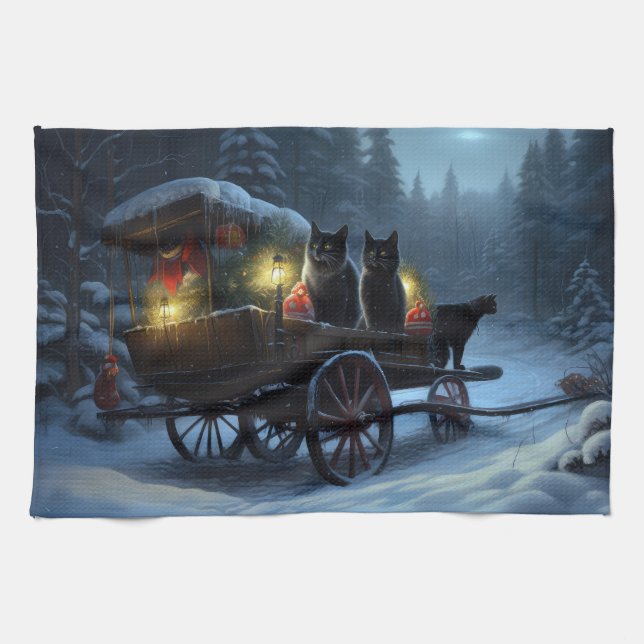 Black Cat Snowy Sleigh Ride Christmas Decor   Kitchen Towel (Horizontal)