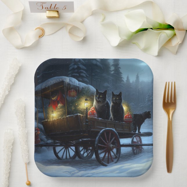 Black Cat Snowy Sleigh Ride Christmas Decor   Paper Plate (Wedding)