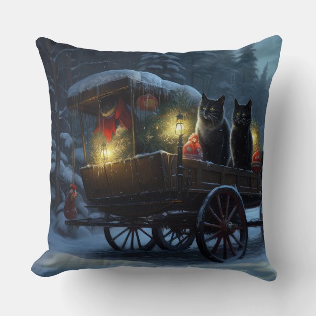Black Cat Snowy Sleigh Ride Christmas Decor   Throw Pillow (Front)