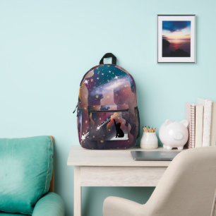 Black Cat Space Shooting Star Printed Backpack