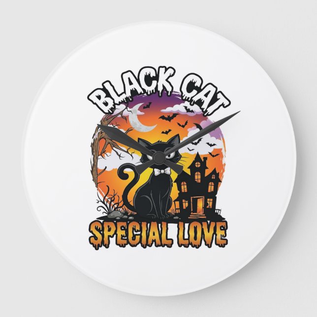 Black Cat Special Love Halloween Haunted House Bat Large Clock (Front)