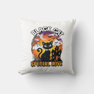 Black Cat Special Love Halloween Haunted House Bat Throw Pillow