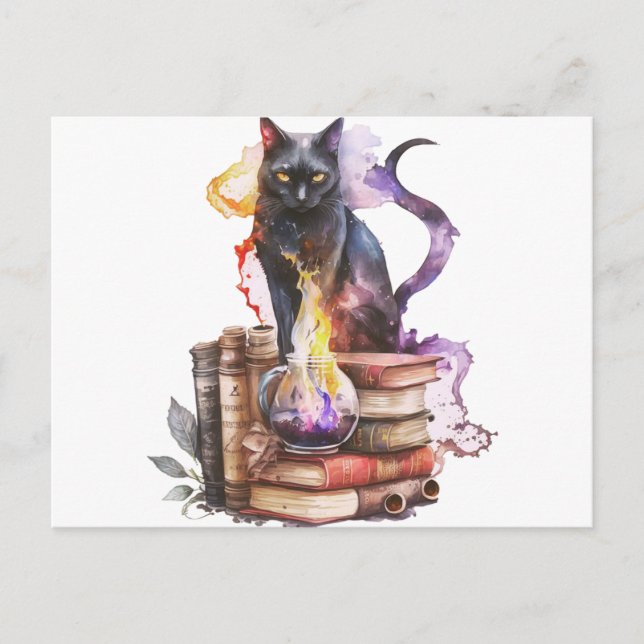 Black Cat Spellbooks Potions Halloween Holiday Postcard (Front)