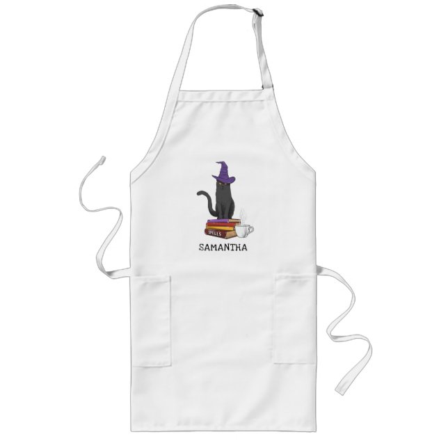 Black Cat Spells Books Halloween Personalized Long Apron (Front)