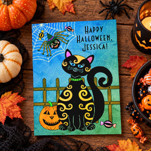 Black Cat Spider Witch Custom Name Halloween Holiday Postcard