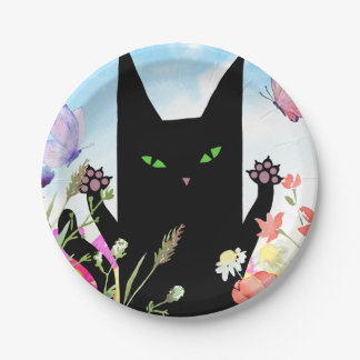 Black Cat Spring Fever:  Kitty and Flowers Paper Plate