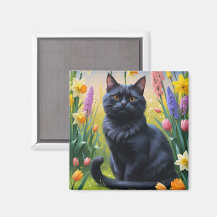 Black Cat Spring Flowers Painting Magnet