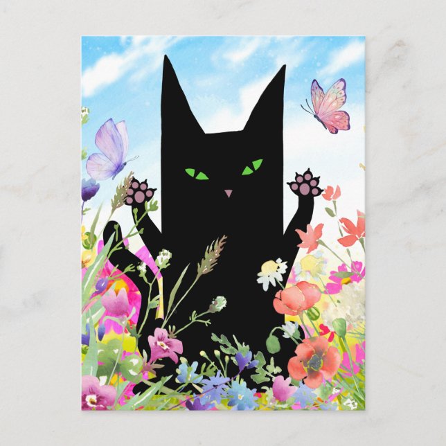 Black Cat Spring Greeting Card:  Kitty and Flowers Postcard (Front)