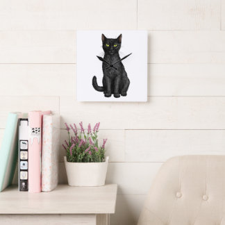 Black cat square wall clock