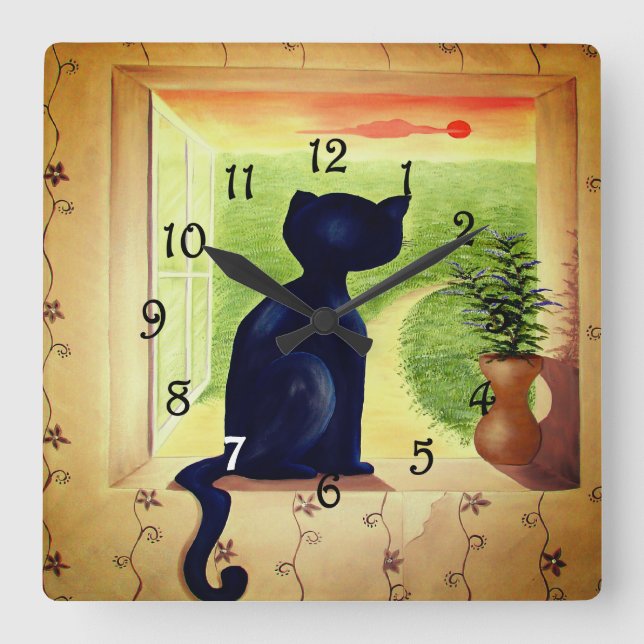 Black Cat Square Wall Clock (Front)