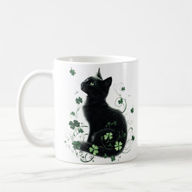 Black Cat St. Patrick’s Day Mug – Lucky Shamrock (Left)