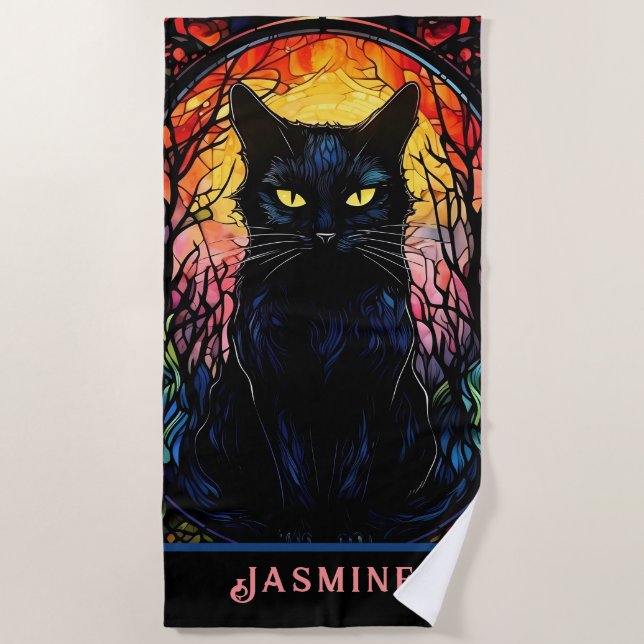 Black Cat Stained Glass Red Spooky Beach Towel (Front)