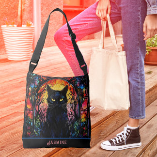 Black Cat Stained Glass Red Spooky Crossbody Bag