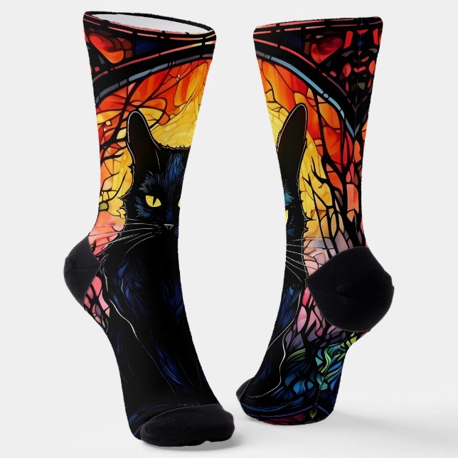 Black Cat Stained Glass Red Spooky Socks (Angled)