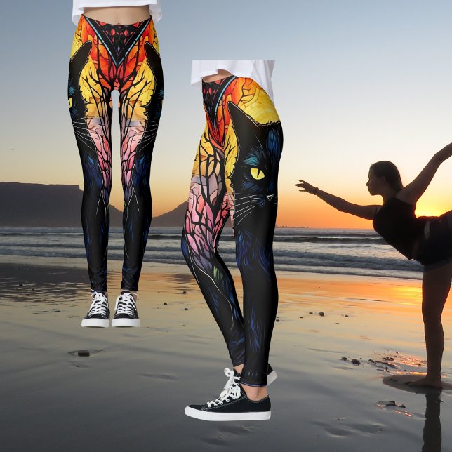 Black Cat Stained Glass Red Spooky Yoga Leggings (Zazzle Black Cat Lover Stained Glass Red Spooky Yoga Leggings)