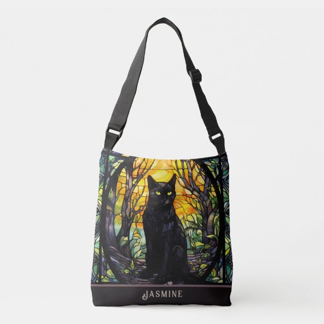 Black Cat Stained Glass Yellow  Crossbody Bag (Front)
