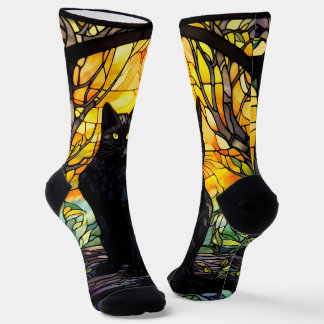 Black Cat Stained Glass Yellow  Socks