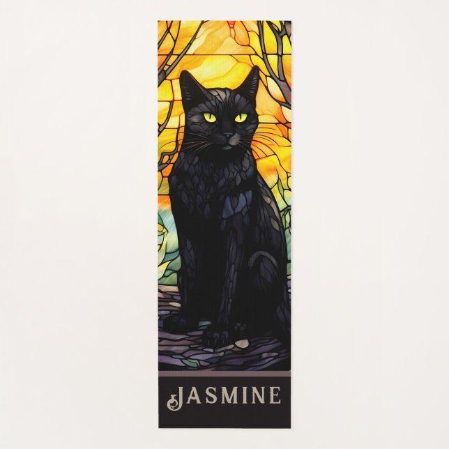 Black Cat Stained Glass Yellow  Yoga Mat (Front)