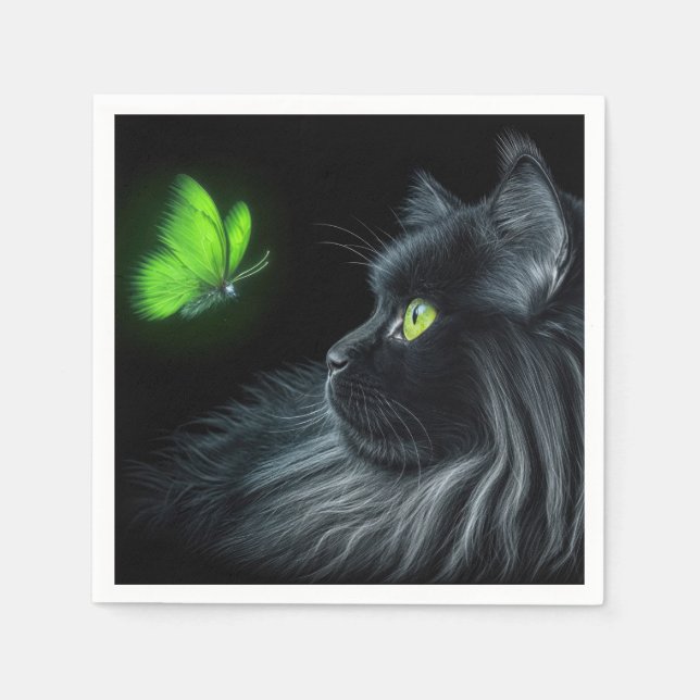 Black Cat Staring At a Glowing Green Butterfly Napkin (Front)