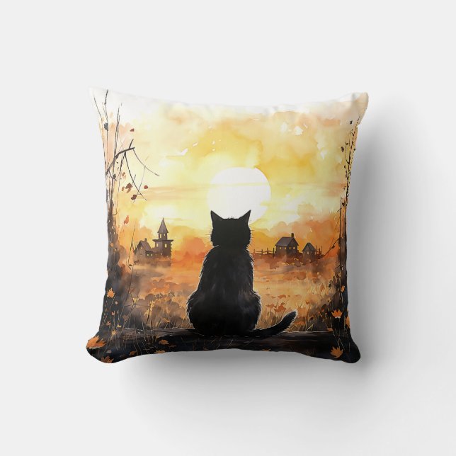 Black Cat Staring at Setting Sun Fall Halloween Throw Pillow (Front)