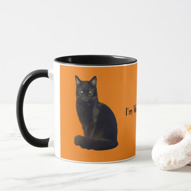 Black Cat Staring | Orange | I'm Watching You Mug (With Donut)