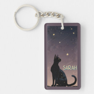 Black Cat Starry Night Celestial Feline Art Gift  Keychain