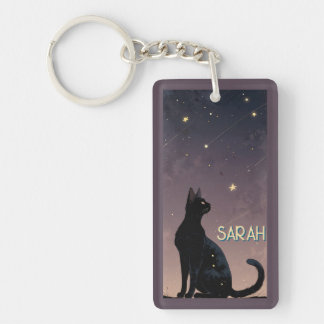 Black Cat Starry Night Celestial Feline Art Gift  Keychain