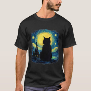 Black Cat Starry Night Van Gogh Cat Cat Mom Cat T-Shirt