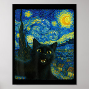 Black Cat Starry Night Van Gogh Cat Selfie Cat Mom Poster
