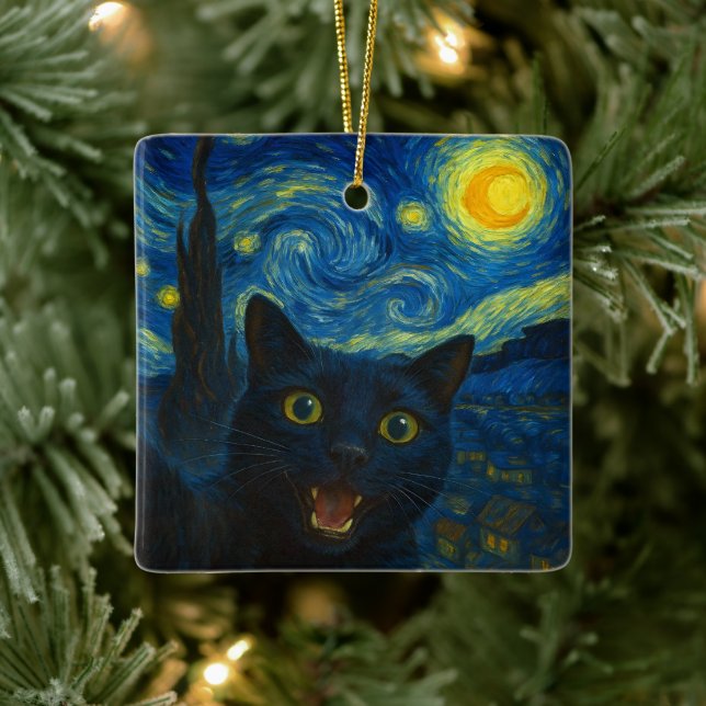 Black Cat Starry Night Van Gogh Cat Selfie  Ceramic Ornament (Tree)
