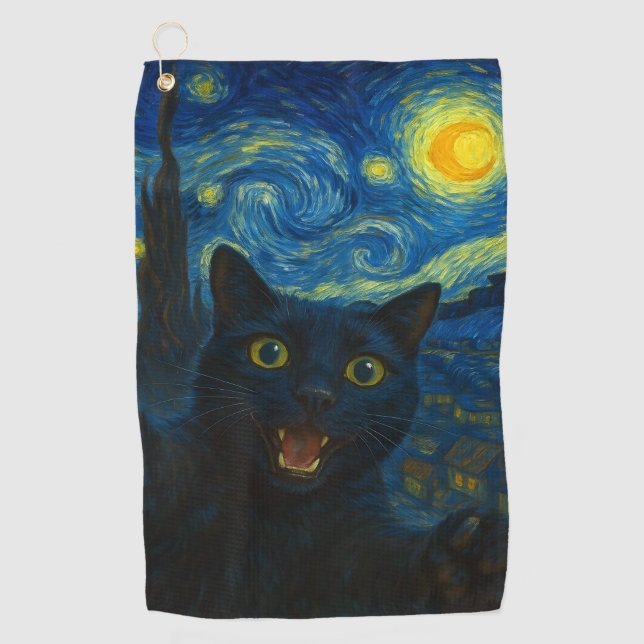 Black Cat Starry Night Van Gogh Cat Selfie  Golf Towel (Front)