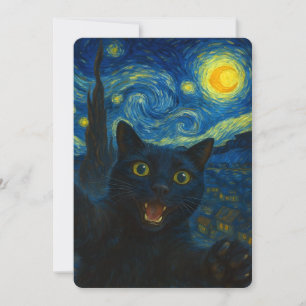 Black Cat Starry Night Van Gogh Cat Selfie Invitation