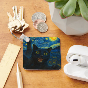 Black Cat Starry Night Van Gogh Cat Selfie Keychain