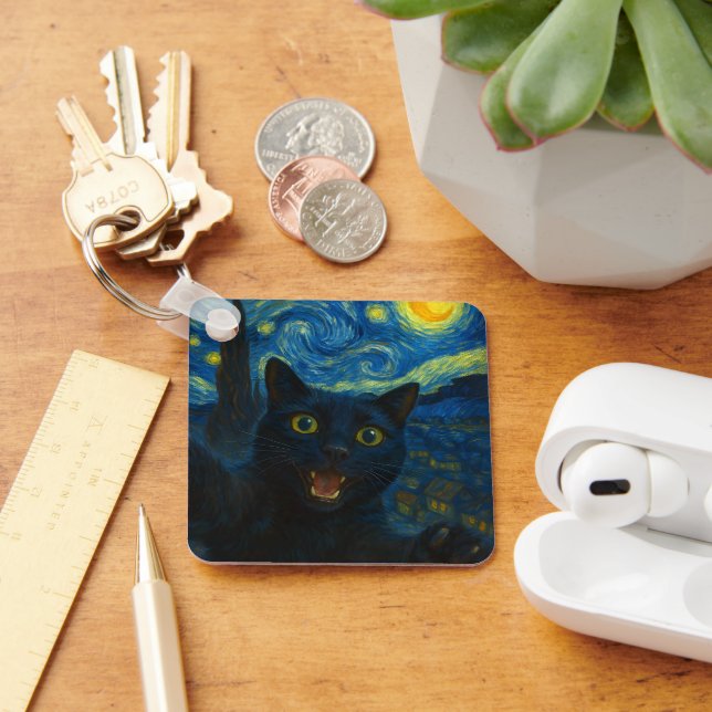 Black Cat Starry Night Van Gogh Cat Selfie  Keychain (Desk)