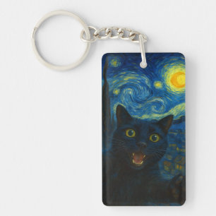 Black Cat Starry Night Van Gogh Cat Selfie  Keychain