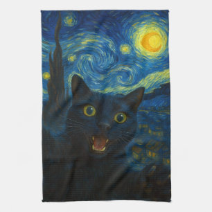 Black Cat Starry Night Van Gogh Cat Selfie  Kitchen Towel
