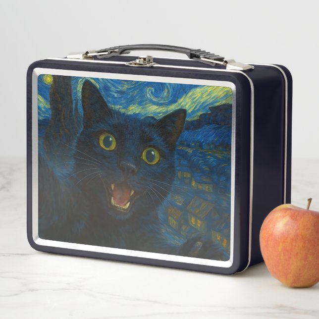 Black Cat Starry Night Van Gogh Cat Selfie  Metal Lunch Box (In Situ)