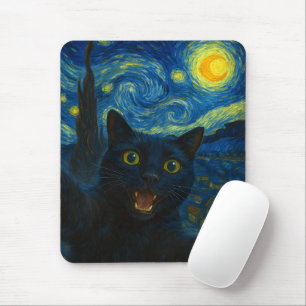 Black Cat Starry Night Van Gogh Cat Selfie  Mouse Pad