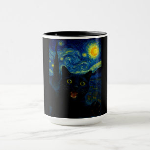 Black Cat Starry Night Van Gogh Cat Selfie Mug