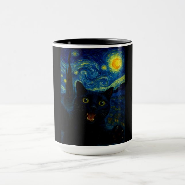 Black Cat Starry Night Van Gogh Cat Selfie  Mug (Center)