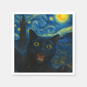 Black Cat Starry Night Van Gogh Cat Selfie  Napkin