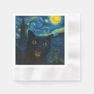 Black Cat Starry Night Van Gogh Cat Selfie  Napkin