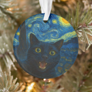 Black Cat Starry Night Van Gogh Cat Selfie  Ornament