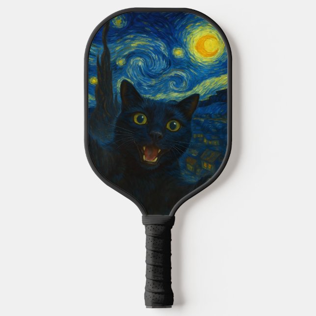 Black Cat Starry Night Van Gogh Cat Selfie  Pickleball Paddle (Front)