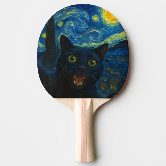 Black Cat Starry Night Van Gogh Cat Selfie  Ping Pong Paddle (Front)