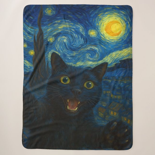 Black Cat Starry Night Van Gogh Cat Selfie  Sherpa Blanket (Front)