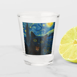 Black Cat Starry Night Van Gogh Cat Selfie  Shot Glass