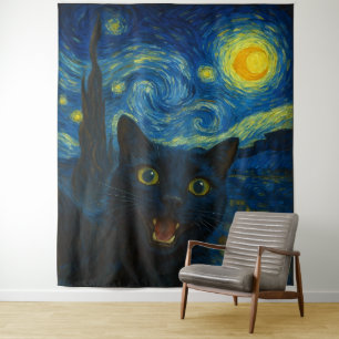 Black Cat Starry Night Van Gogh Cat Selfie  Tapestry