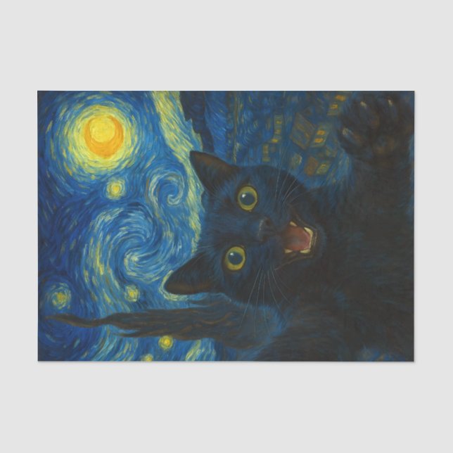 Black Cat Starry Night Van Gogh Cat Selfie  Tissue Paper (Front)